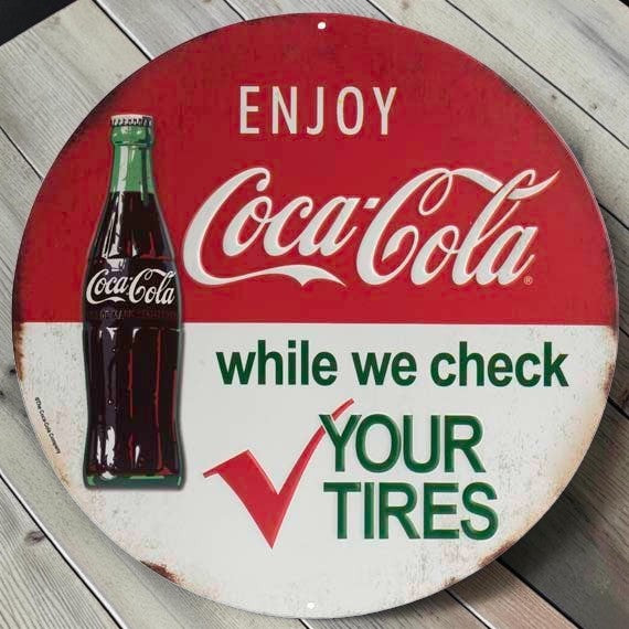 Coca-Cola Tire Check Embossed Metal Sign detail view