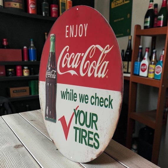 Coca-Cola Tire Check Embossed Metal Sign alternate view
