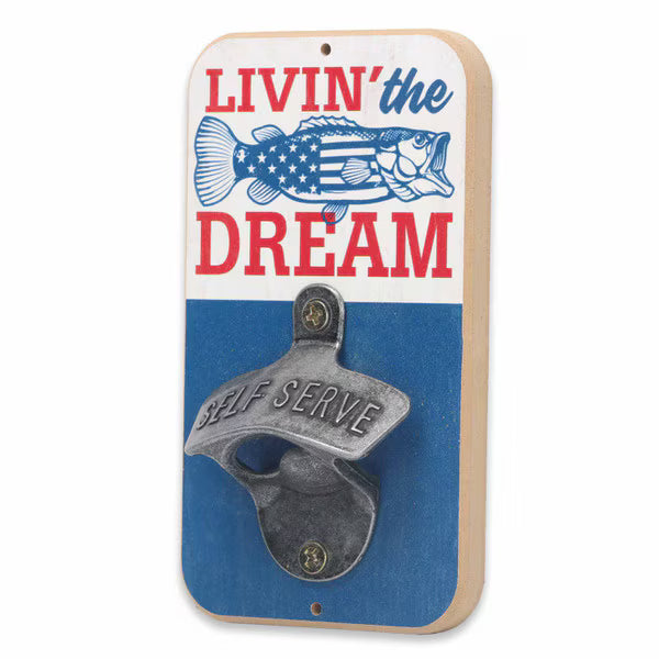 Open Roads patriotic bass wall bottle opener, featuring a rustic design and American flag theme, 3.5" x 6" size.