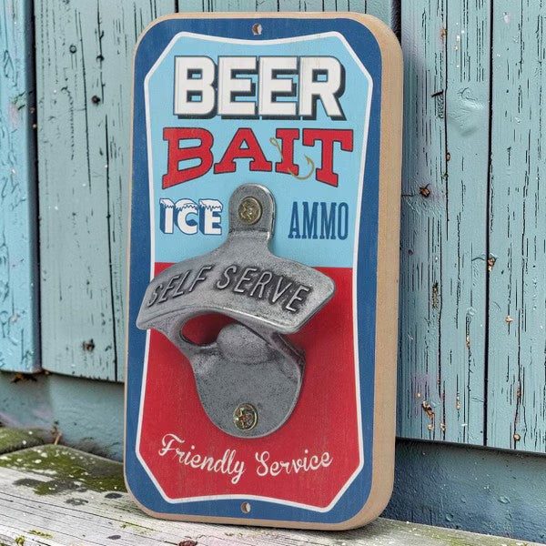 Open Roads Beer Bait Ice Ammo Wall Bottle Opener with a rustic design, measuring 3.5" x 6".
