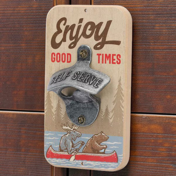 Moose and bear wall bottle opener by Open Roads, measuring 3.5" x 6", mounted on a rustic wood background.