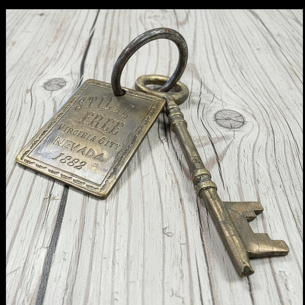 Stella's Virginia City Nevada Brothel Room Brass Tag & Key With Antique Finish (6.5" Long) - Jones Peak