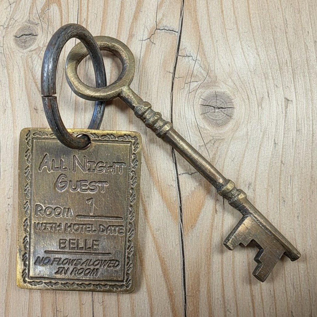 Stella's Virginia City Nevada Brothel Room Brass Tag & Key With Antique Finish (6.5" Long) - Jones Peak