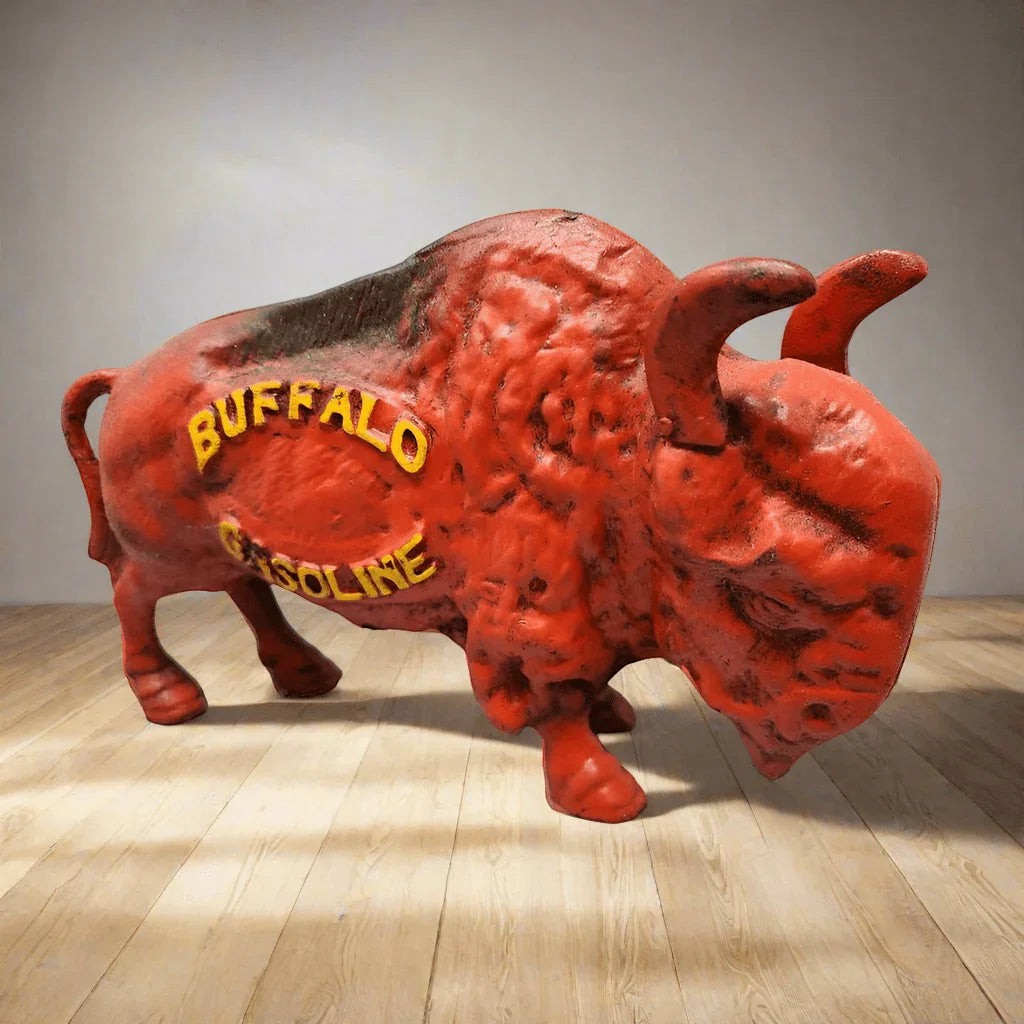 Buffalo Gasoline Cast Iron Coin Bank With Raised Lettering And Painted Antique (7.5" x 5" x 2") - Jones Peak