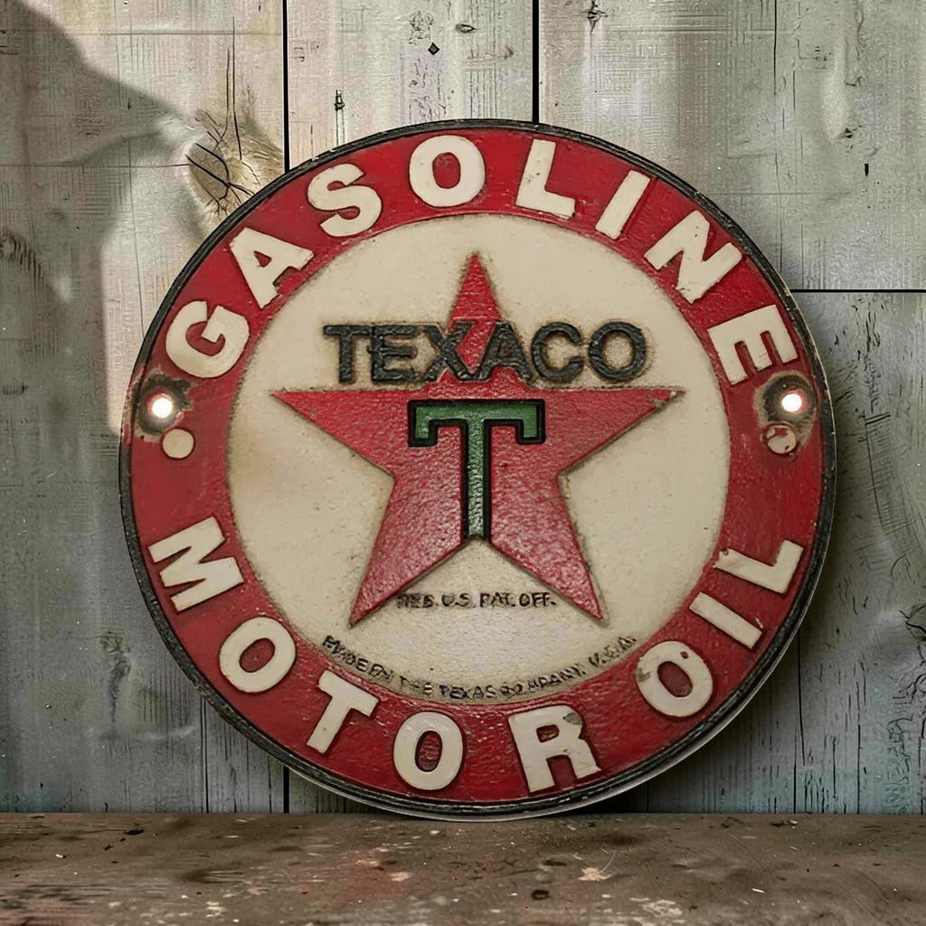 Texaco Motor Oil Cast Iron Plaque With Painted Antique Finish (8" Round) - Jones Peak
