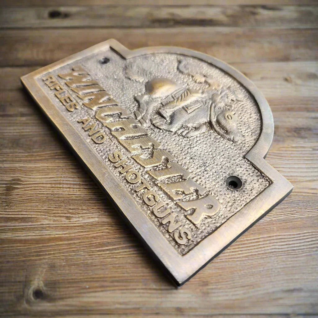 Winchester Rider Rifles & Shotguns Solid Brass Plaque With Antique Finish (5" x 3") - Jones Peak