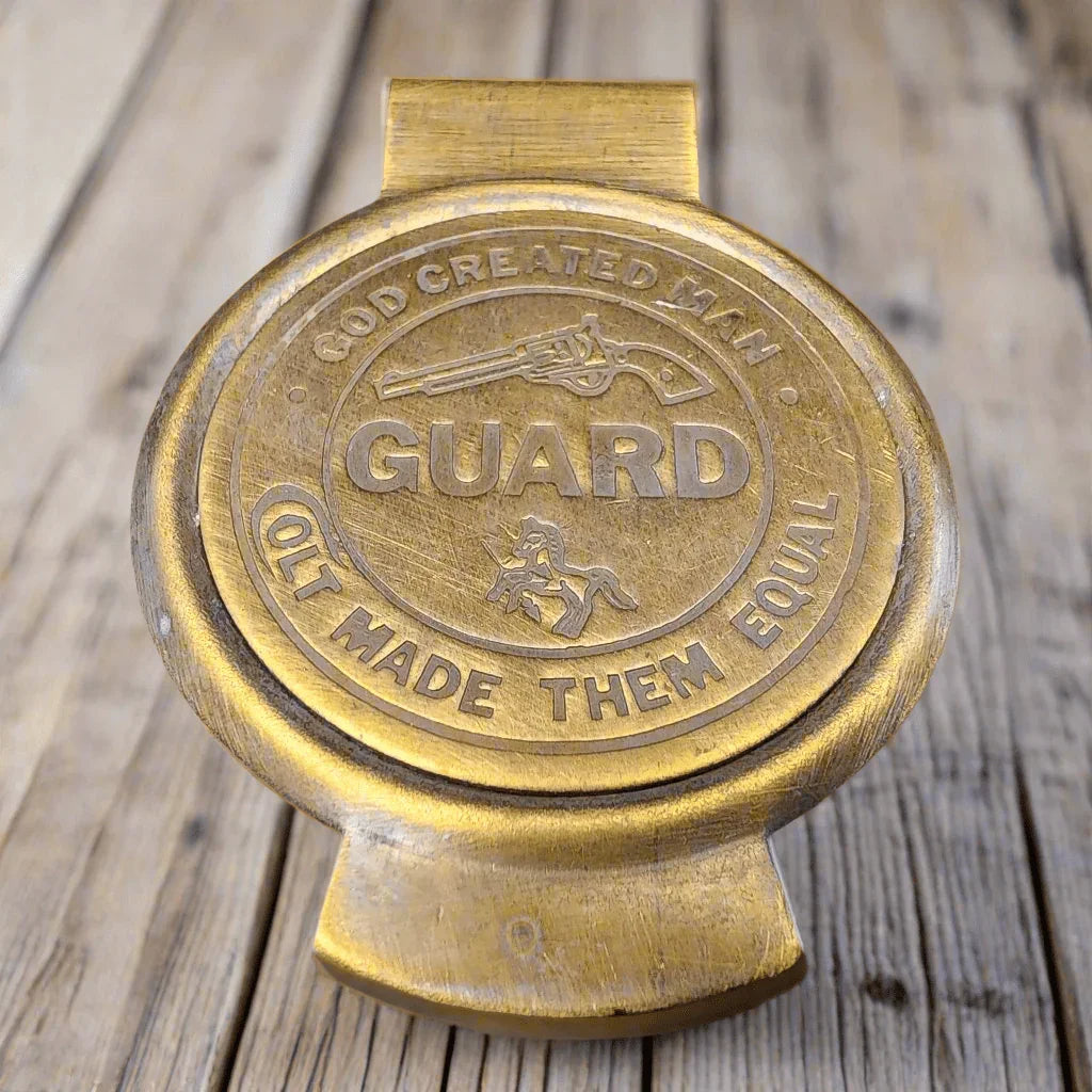 Colt Guard Solid Brass Money Clip With Raised Lettering & Antique Finish (3" x 2.25") - Jones Peak