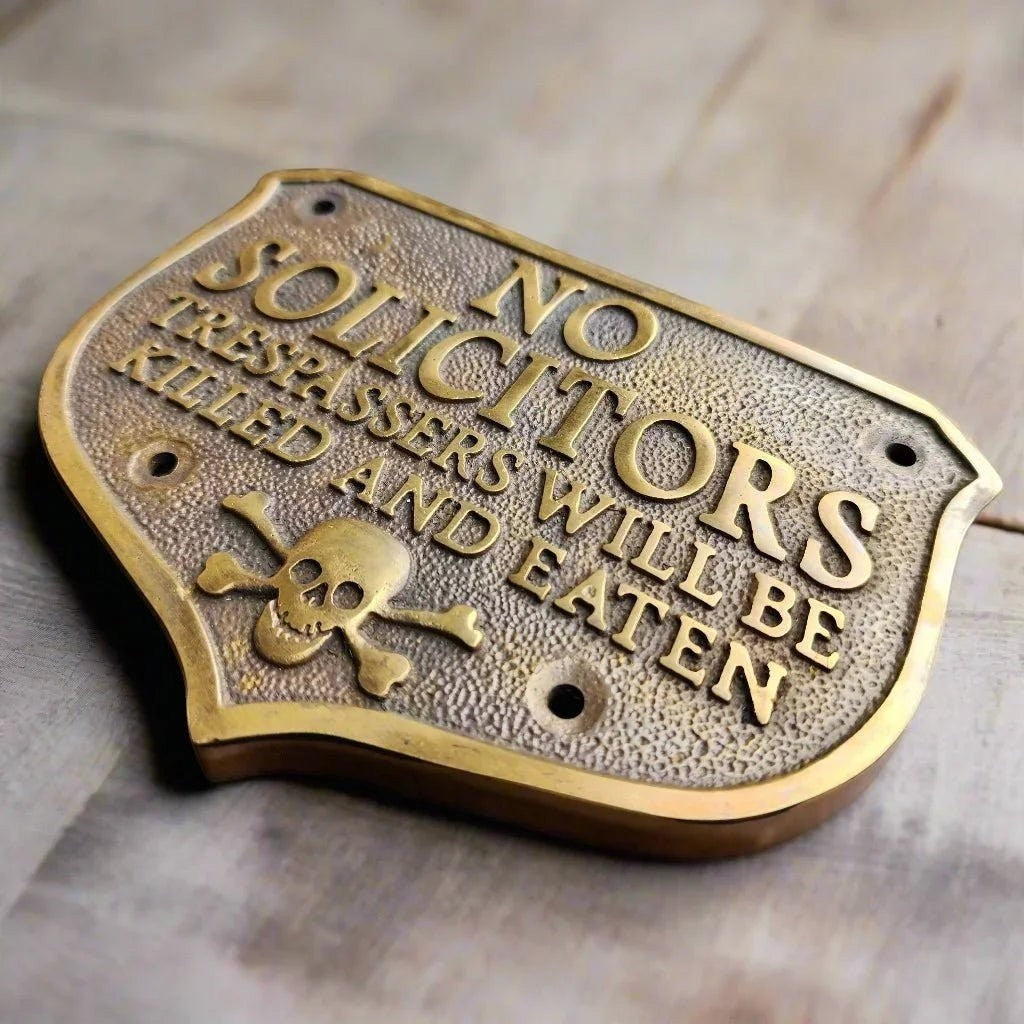Pirate Skull No Solicitors Solid Brass Plaque alternate view