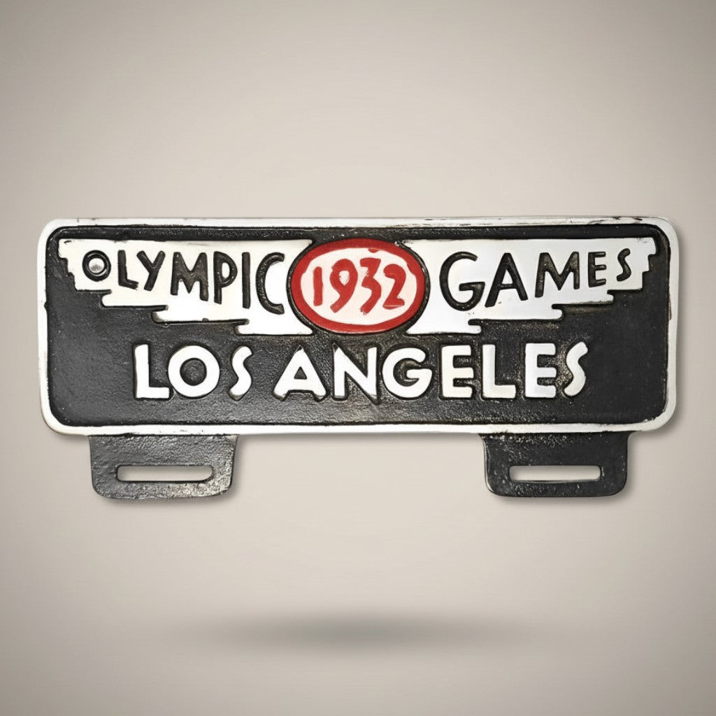 Jones Peak 1932 Los Angeles Olympic Games aluminum license plate topper with antique patina finish.