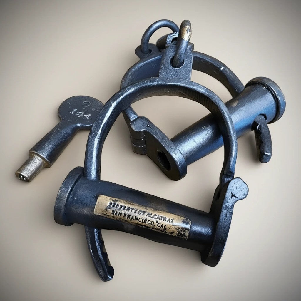 Jones Peak Alcatraz Prison cast iron adjustable handcuffs with brass tag and key, antique finish.