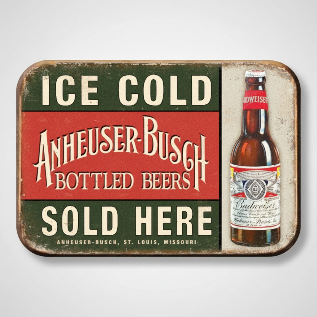 Jones Peak Budweiser Ice Cold Sold Here vintage metal magnet with a beer bottle.