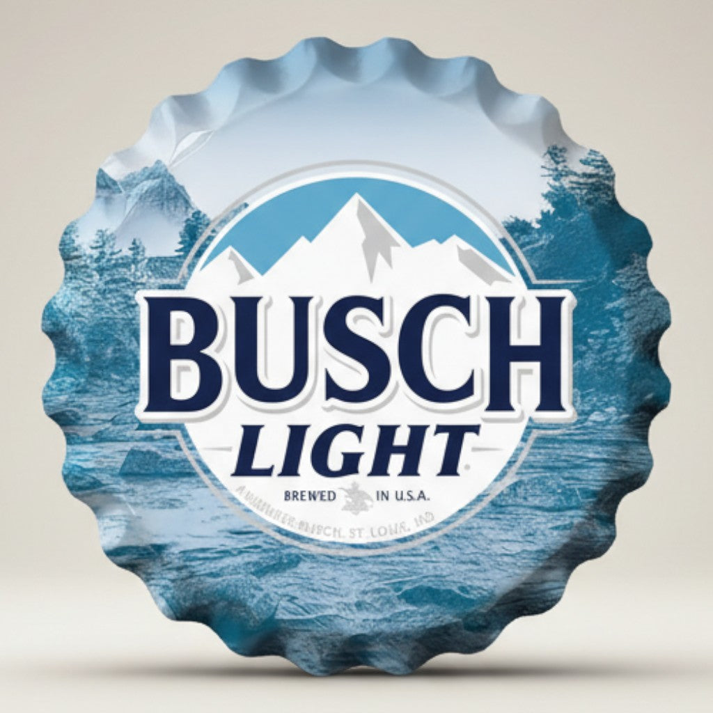 Busch Light bottle cap metal sign with mountains, trees and water artwork