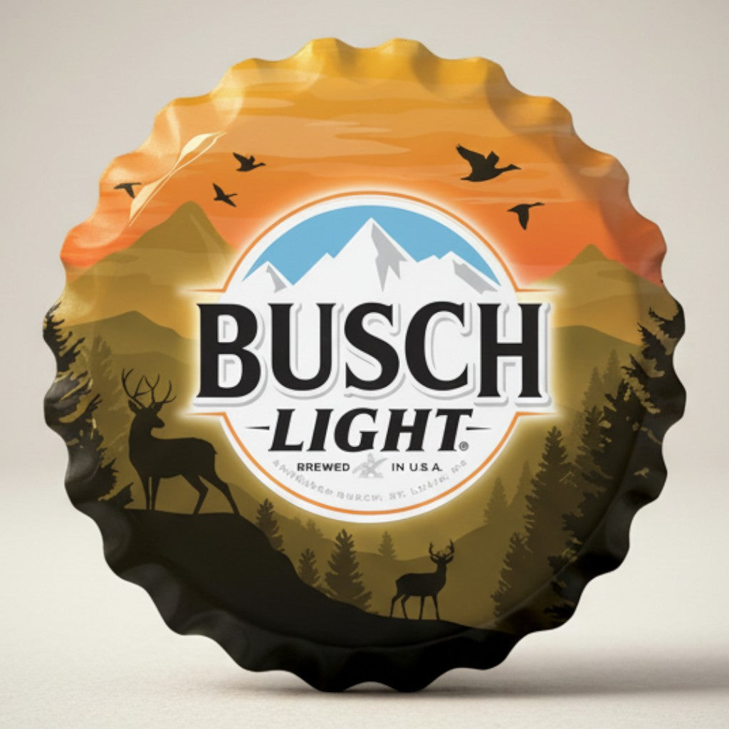 Busch Light Hunting 18 inch bottle cap metal sign with deer and mountains at sunset