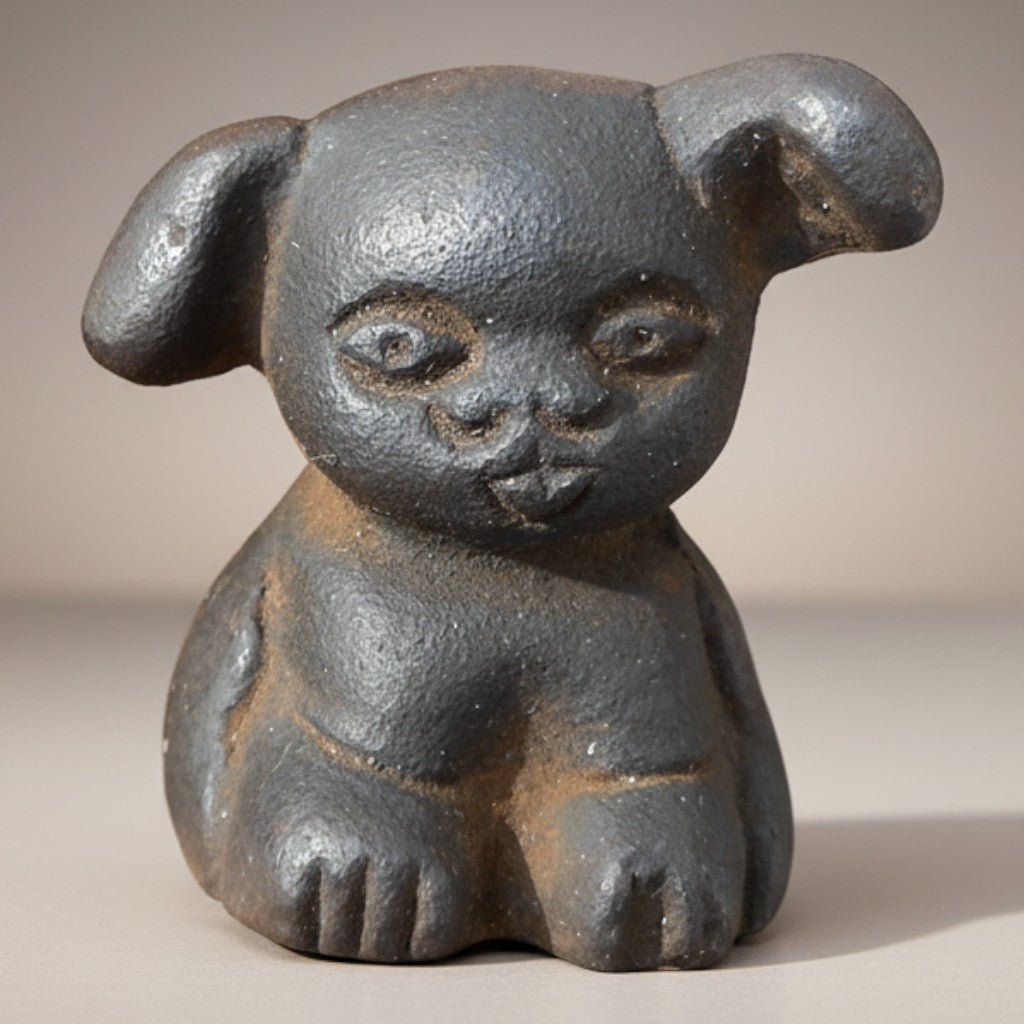 Jones Peak cast iron puppy paperweight with an antique distressed finish, 1.5" tall.