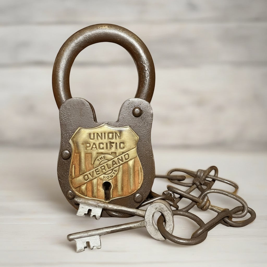 Jones Peak antique cast iron railroad lock with chain and two keys, featuring a brass Union Pacific Overland Route shield.