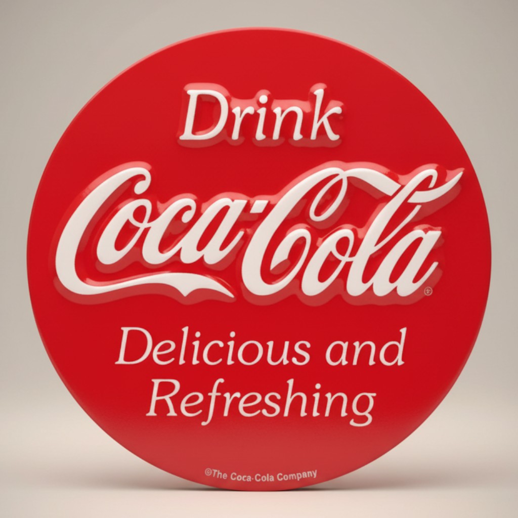 Jones Peak Coca-Cola embossed metal magnet, round red with white text, "Drink Coca-Cola Delicious and Refreshing"