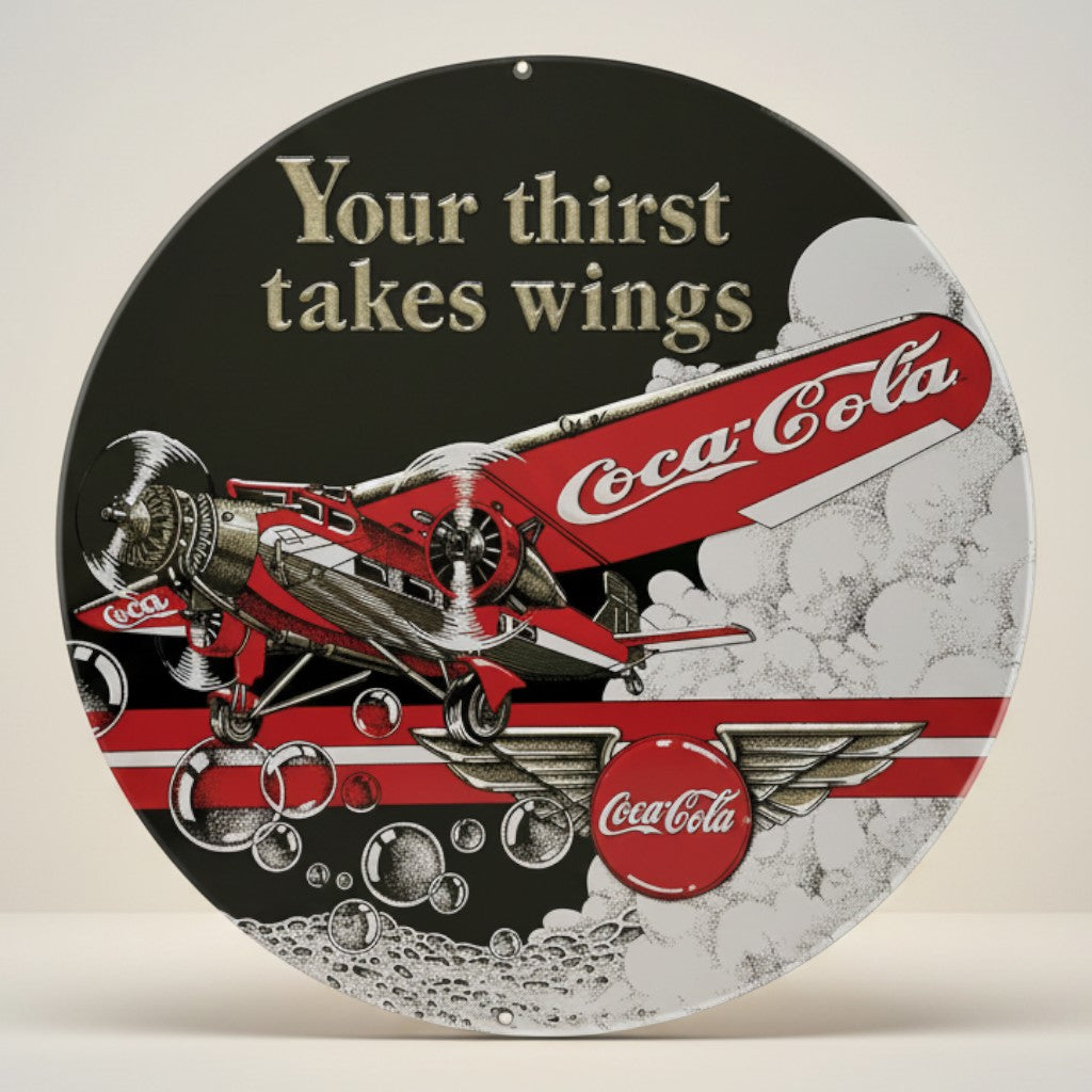 Coca-Cola AR Tri Motor round embossed metal sign with red airplane and Your Thirst Takes Wings text