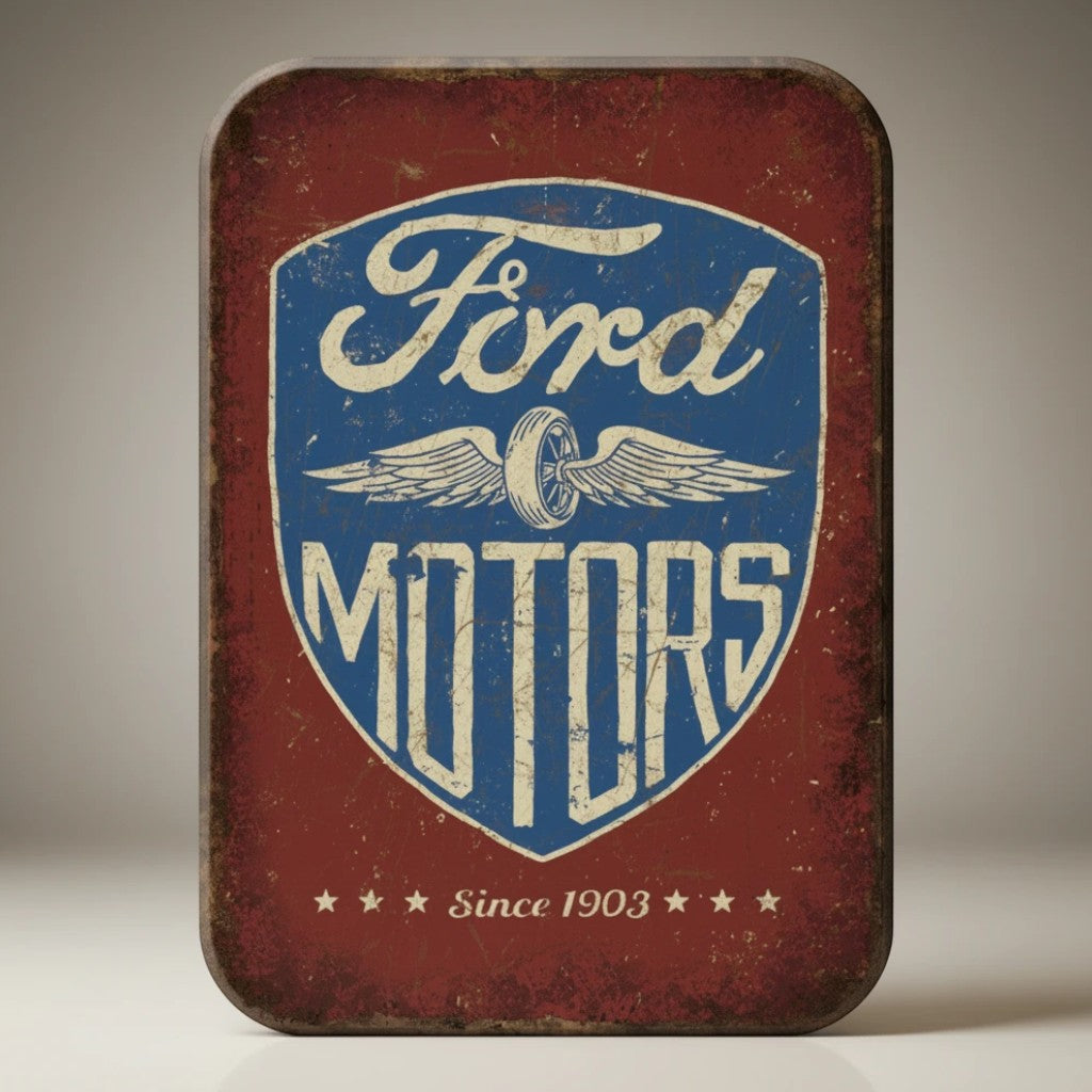 Jones Peak Ford Motors Since 1903 metal magnet with vintage distressed red and blue shield logo.