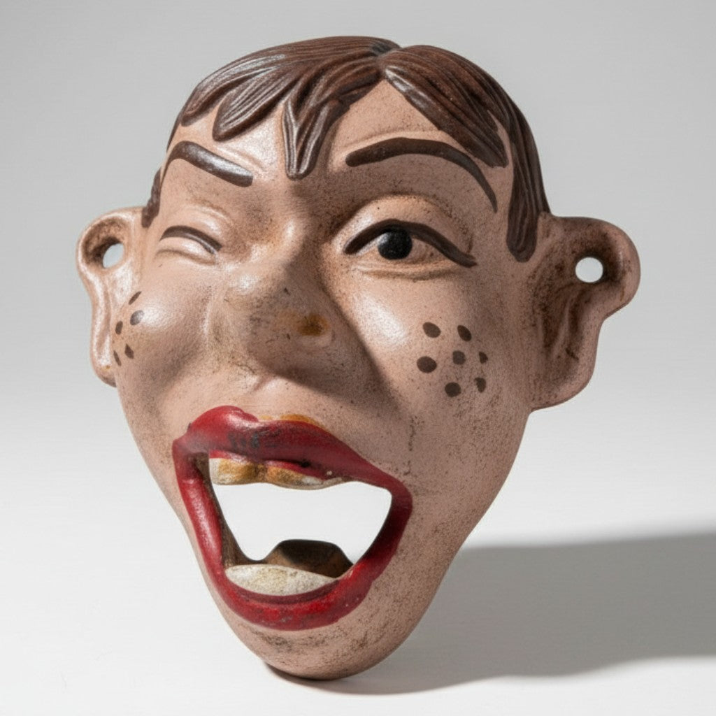 Jones Peak Howdy Doody cast iron wall bottle opener with a winking eye and open mouth.