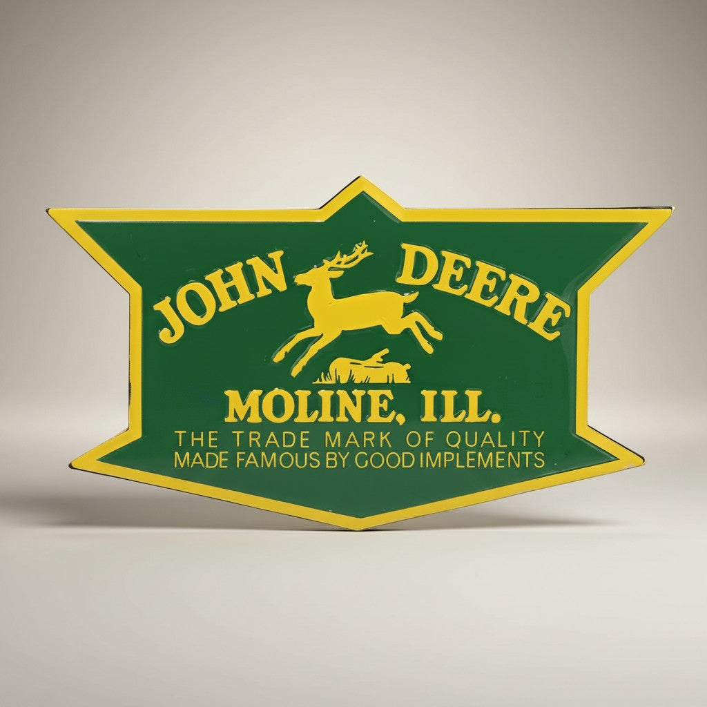 Jones Peak John Deere Badge Embossed Metal Magnet with yellow deer and text on green background.