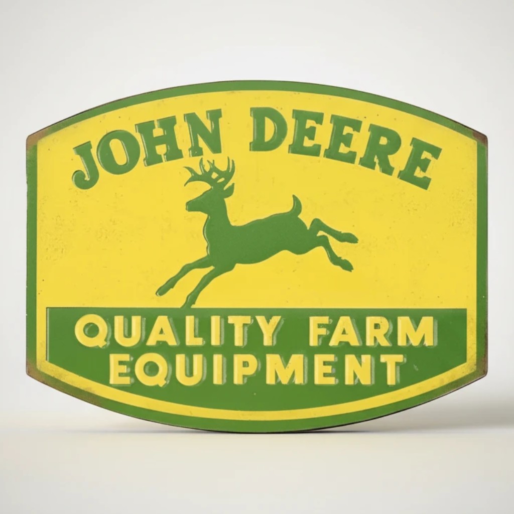 Jones Peak John Deere Quality Farm Equipment embossed metal magnet, yellow and green with leaping deer.