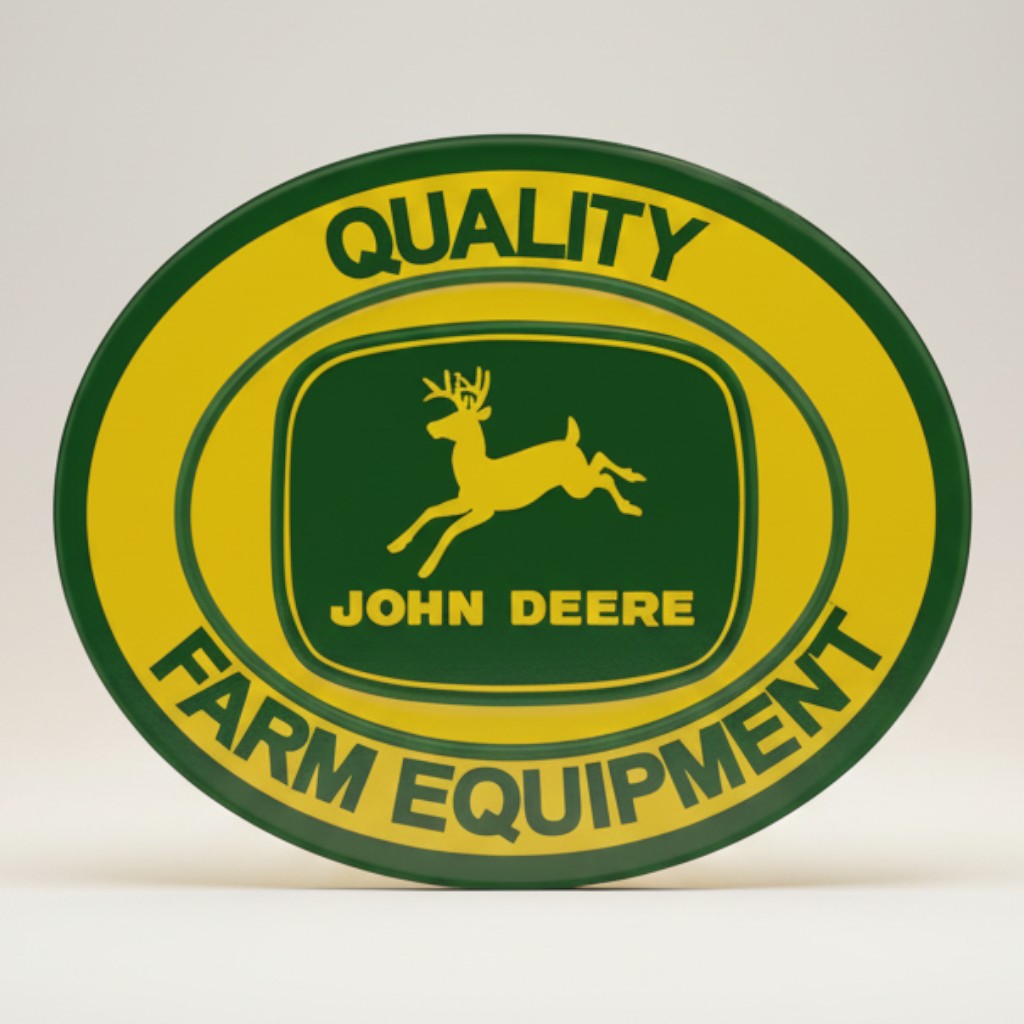 Jones Peak John Deere Farm Equipment embossed metal magnet with deer logo and yellow text.