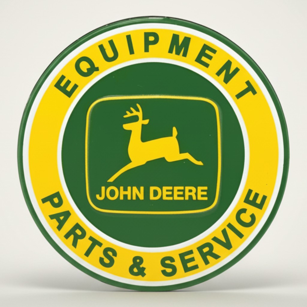 Jones Peak John Deere Parts & Service embossed metal magnet with deer logo. Round green and yellow.