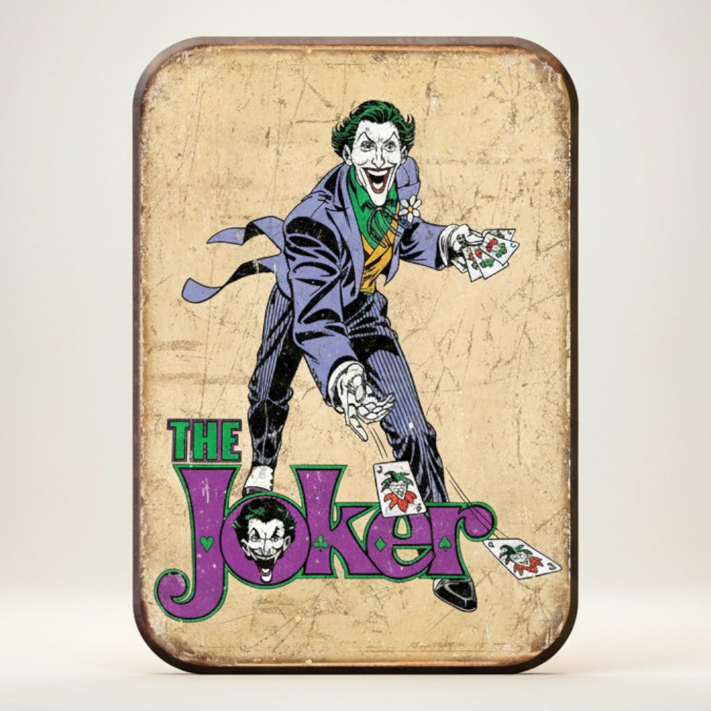DC Joker metal magnet with purple suit, green shirt and playing card artwork