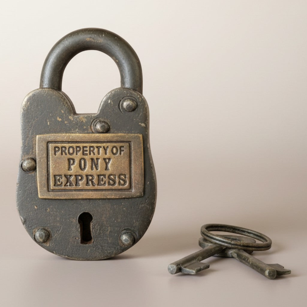Jones Peak 1860 Pony Express cast iron lock with brass tag and two keys. Antique finish.