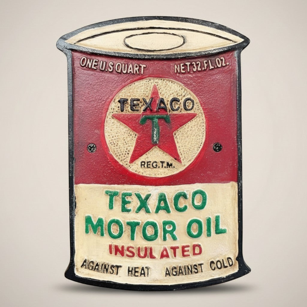 Jones Peak vintage Texaco Motor Oil aluminum plaque, red and cream with embossed star logo and text.