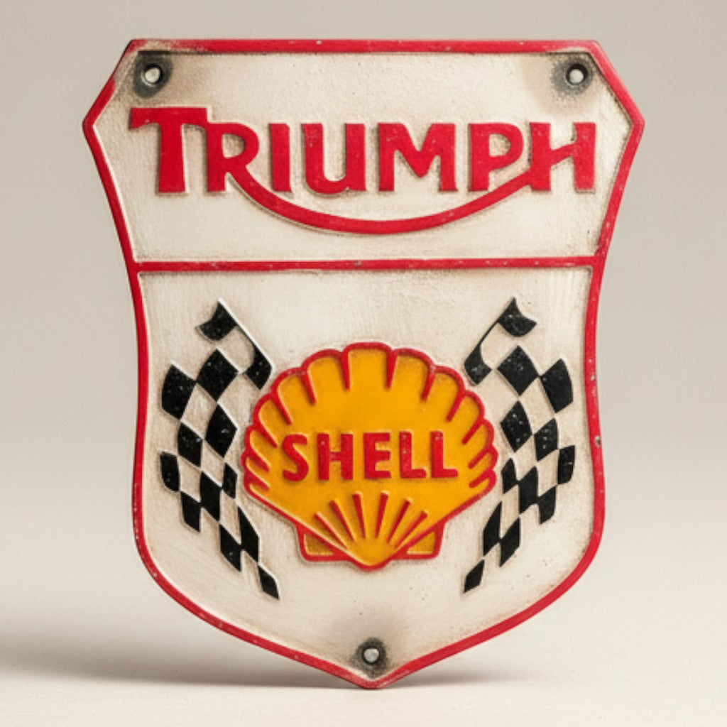 Jones Peak Triumph Shell cast iron plaque with racing flags and antique finish. Perfect for garages or man caves.