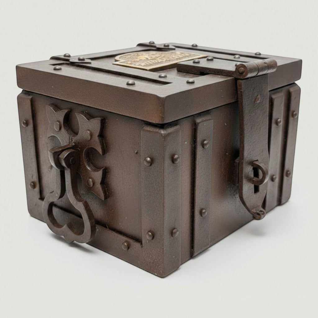 Jones Peak Winchester 1866 cast iron strong box with ornate handle and brass tag. Distressed dark brown finish.
