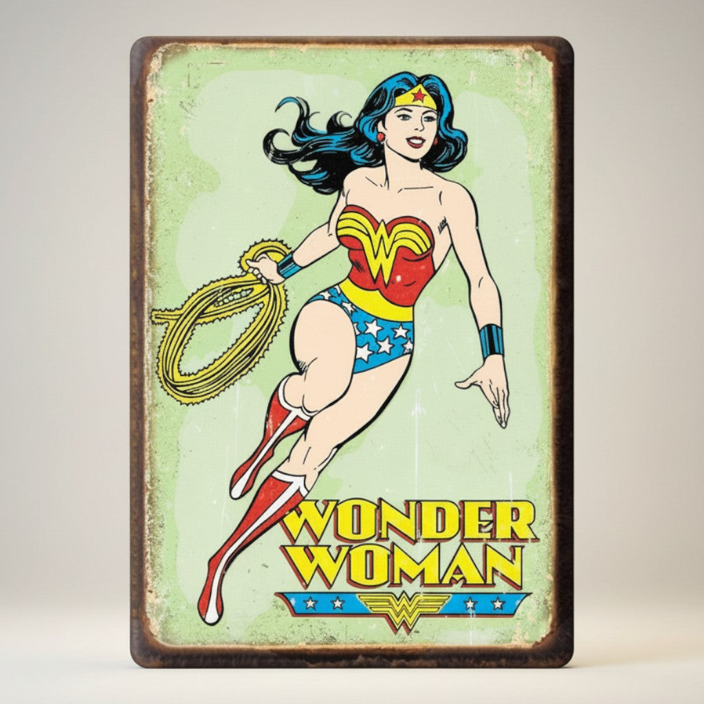 Jones Peak Wonder Woman retro metal magnet with classic comic art, lasso, and stars.