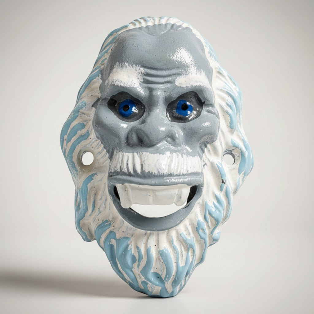 Jones Peak Abominable Snowman cast iron bottle opener with blue eyes and white fur details.