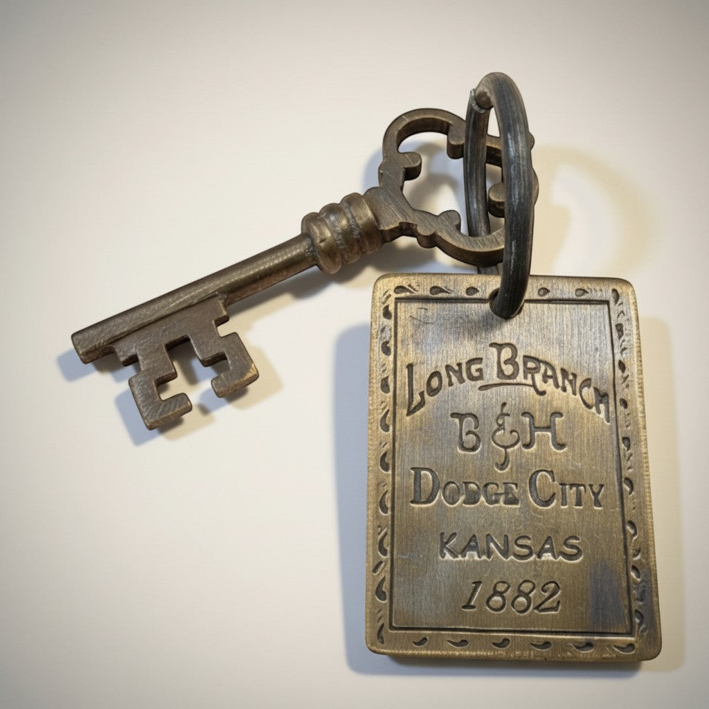 Jones Peak antique brass room tag and key from Dodge City, Kansas, 1882. Decorative collectible for Old West displays.