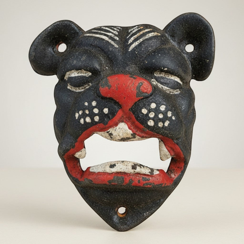 Jones Peak black cast iron bulldog bottle opener with red nose and mouth details, antique finish.