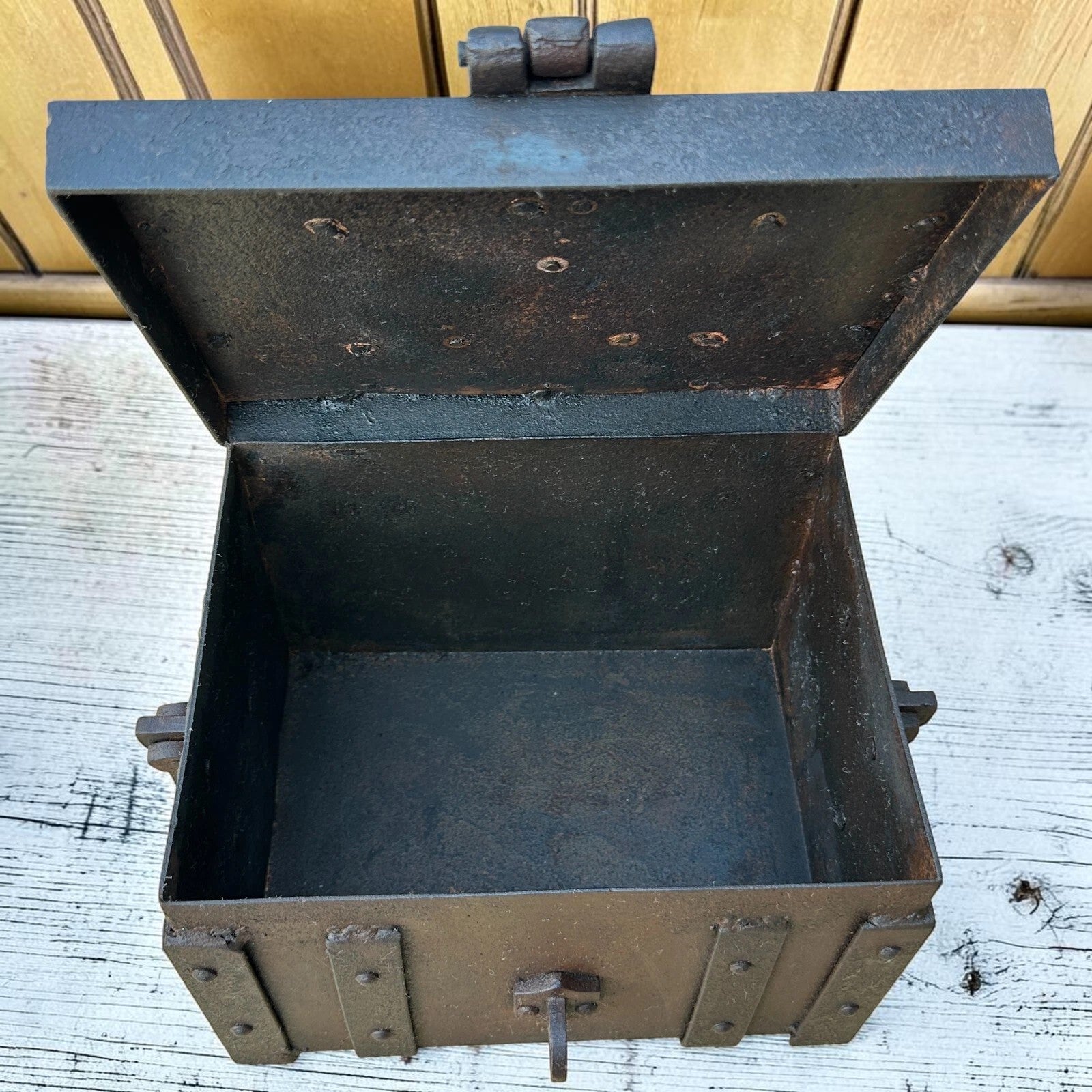 Jones Peak railroad route cast iron strong box with distressed finish and brass tag. Decorative storage.