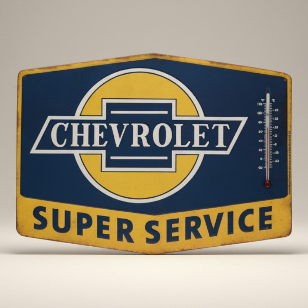 Jones Peak Chevrolet Super Service embossed metal wall thermometer with blue and yellow vintage graphics.