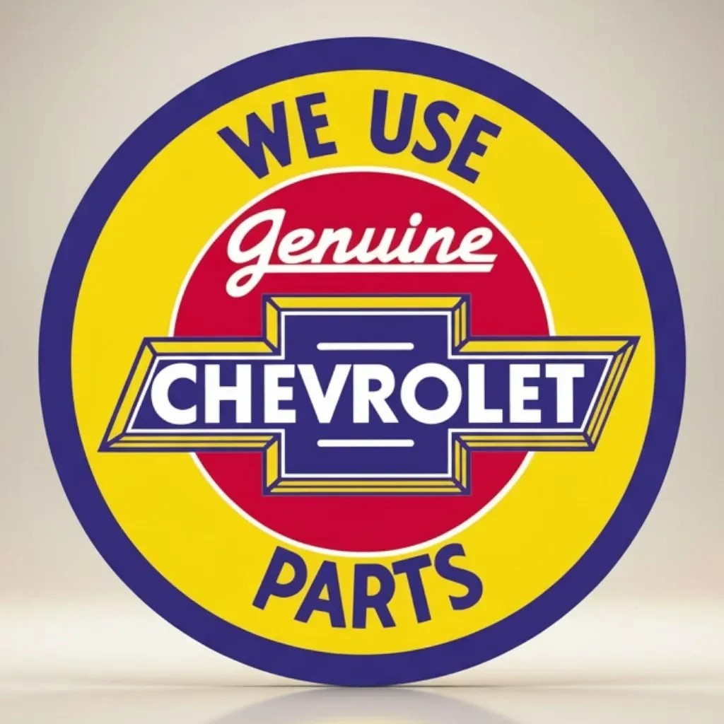Jones Peak Chevy Round Genuine Parts metal sign with blue, yellow, and red circular design featuring the Chevrolet bowtie logo.