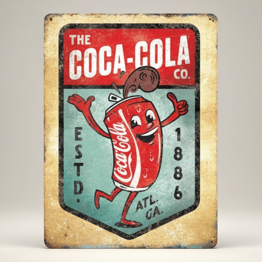 Jones Peak Coca-Cola Dancing Can Estd. 1886 embossed metal sign with distressed finish.