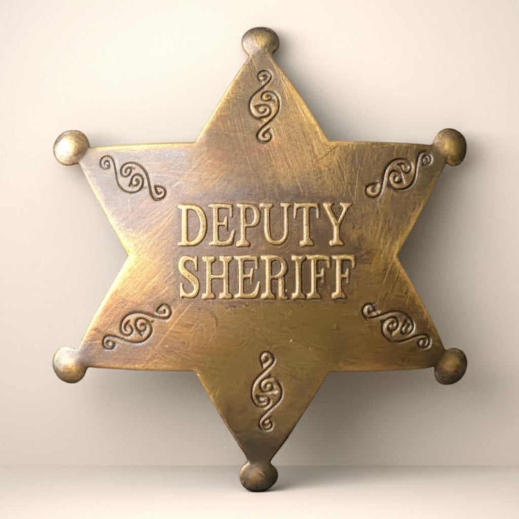 Jones Peak Old West Deputy Sheriff star badge, solid brass with antiqued finish and decorative scrollwork.