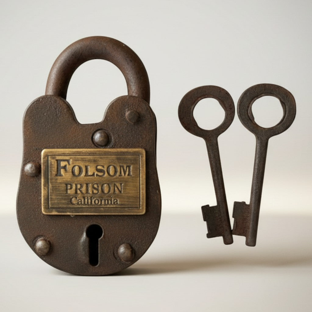 Jones Peak Folsom Prison cast iron padlock with two antique keys, featuring a distressed rust finish and brass plaque.