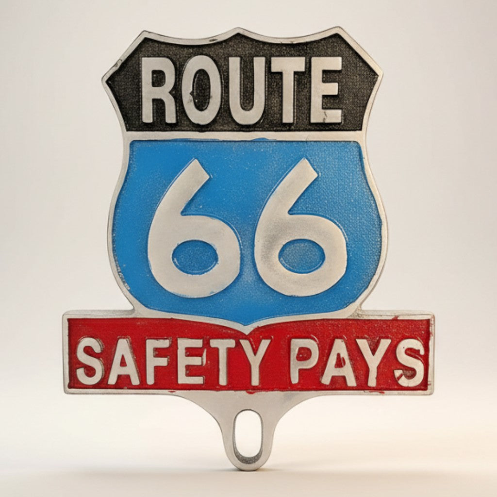 Jones Peak Route 66 Safety Pays aluminum license plate topper with antique patina finish.