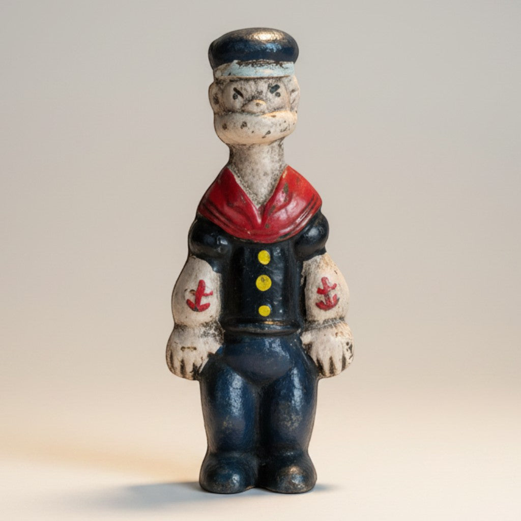 Jones Peak Sailor Small Cast Iron Coin Bank, hand-painted antique patina, navy blue uniform, red scarf, anchor tattoos.
