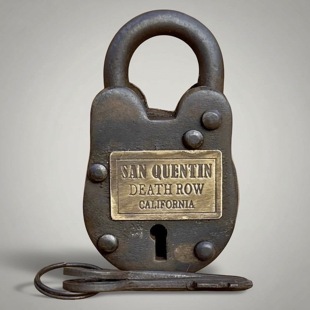 Jones Peak San Quentin Death Row reproduction lock with brass tag and keys, cast iron with antique finish.