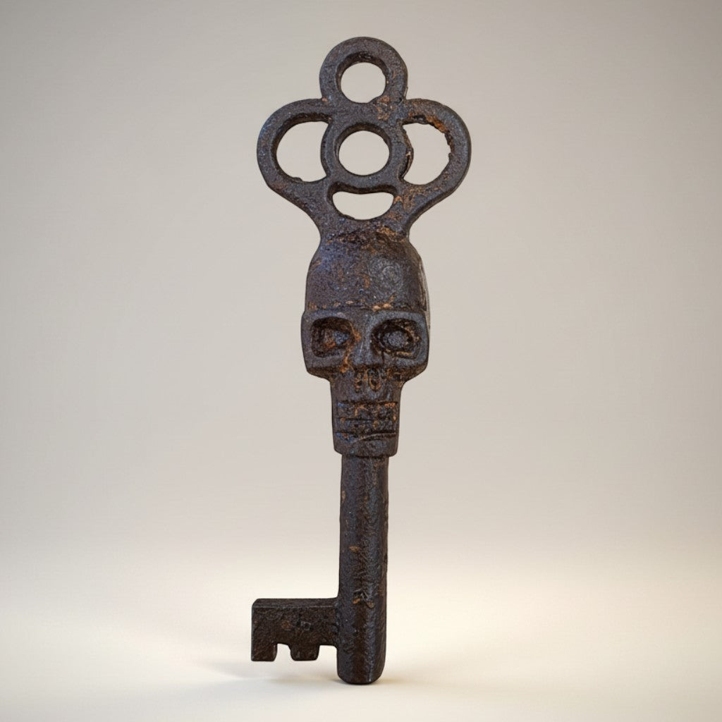 Jones Peak cast iron decorative key with skull detail and antique finish. 5" long.