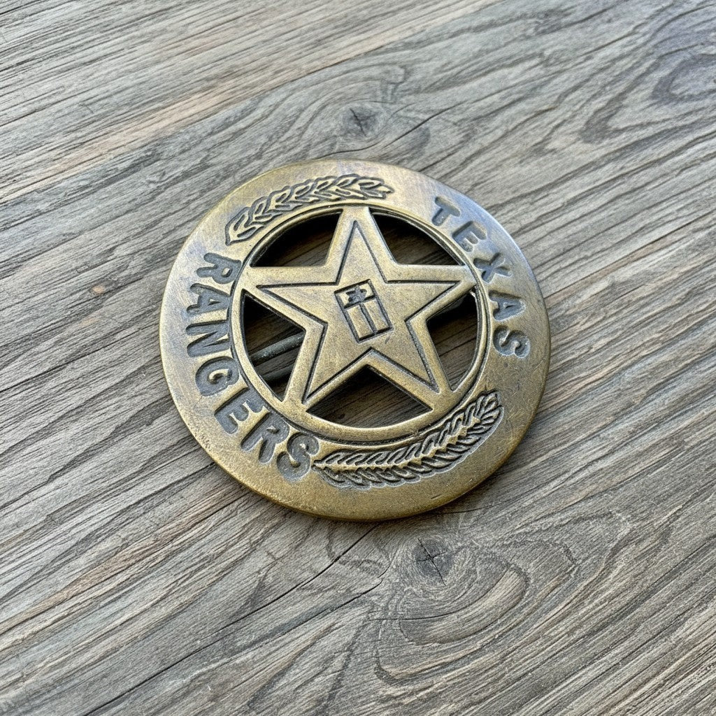 Jones Peak antique brass Texas Rangers round badge with star emblem and laurel wreath detail. Pin back closure.