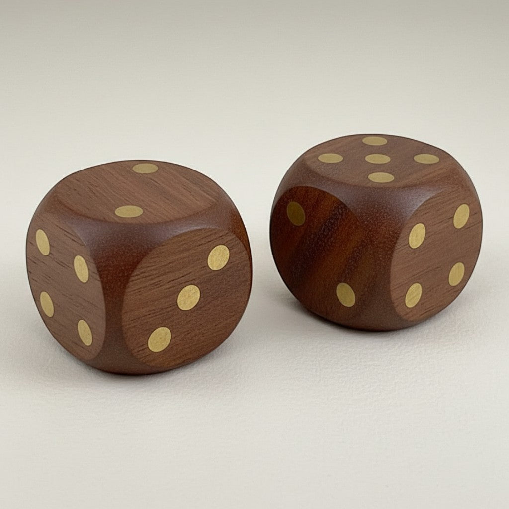Jones Peak set of 2 carved wood dice with brass inlay, hand-antiqued finish.