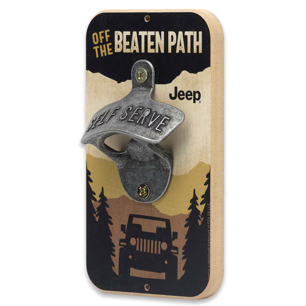 Jeep Off the Beaten Path wall bottle opener by Open Roads, featuring a rugged design and measuring 3.5" x 6".