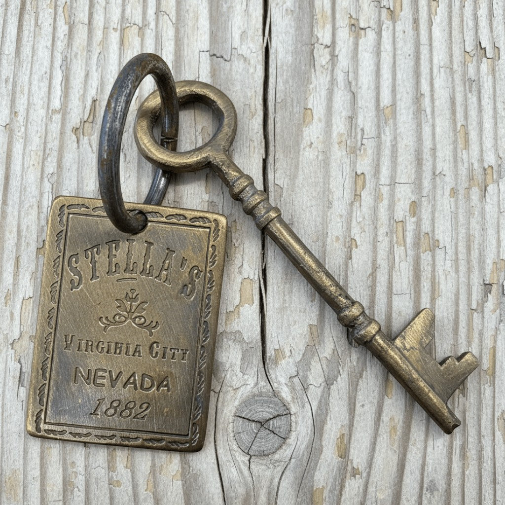 Stella's Virginia City Nevada Brothel Room Brass Tag & Key With Antique Finish (6.5" Long) - Jones Peak